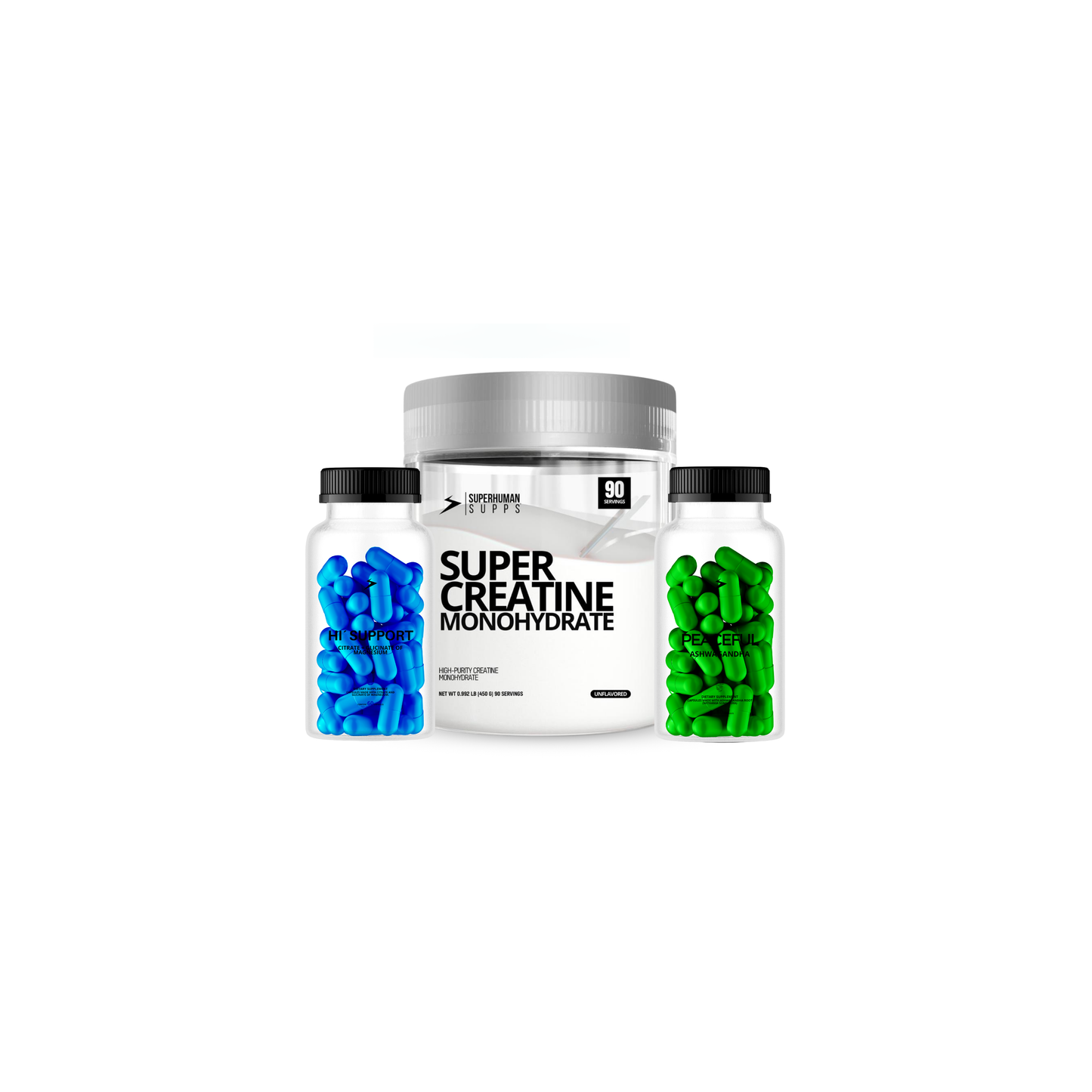 Supercreatine Monohydrate | 90 Servicios + Ashwagandha | 80 Cápsulas + Citrato y Glicinato de Magnesio | 60 cápsulas